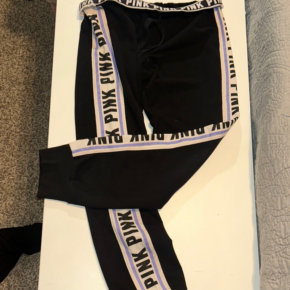 PINK Victoria's Secret Black Joggers with Lavender & Cream Logo Stripes